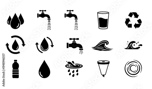 Water icon set drops faucet glass recycling symbol black vector collection
