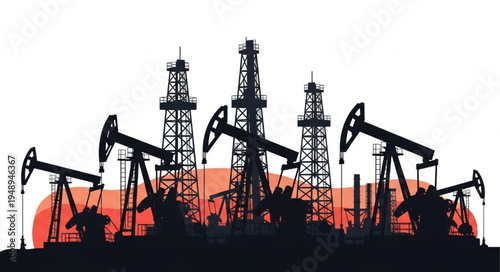 Silhouette of Oil Rigs and Pumpjacks at Sunset.