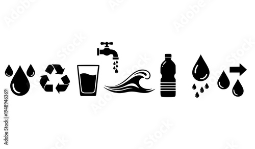 Black water icons vector set drops faucet glass and recycling symbols