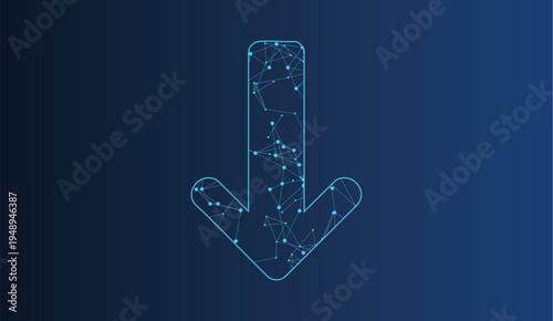 Digital down arrow icon, filled with interconnected network lines and glowing nodes