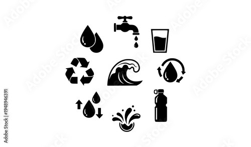 Water-themed icon collection black vector drops faucet glass and recycle symbols