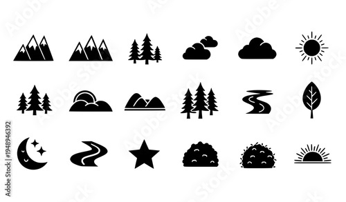 Minimalist nature icon set black vector mountains trees clouds sun symbols