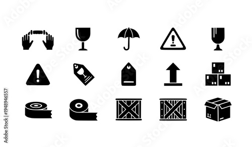 Black fragile package and shipping icons vector set delivery cargo EPS collection