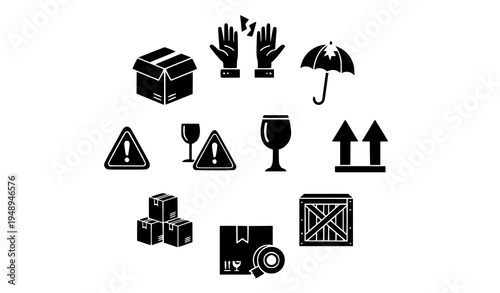 Fragile shipping icon collection black vector package delivery cargo warning EPS