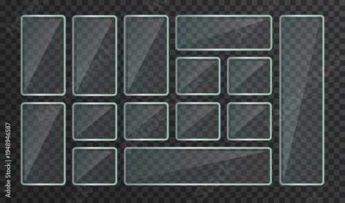 Clear glass screen panels with glossy effects and mirror-like transparency, ideal for contemporary banners and geometric frame compositions