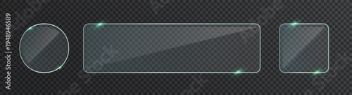 Transparent glass plate with glossy reflections and light effects. Modern 3D panel frame resembling a clear screen window with plastic and mirror shine.