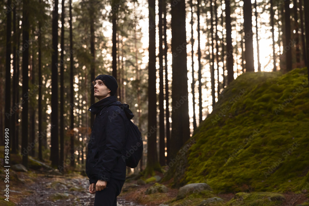 Fototapeta premium A young man in a dark jacket and beanie stands in a dense, mossy forest, looking up at the sunlight filtering through tall pine trees. Moody, cinematic atmosphere with soft, natural golden lighting.
