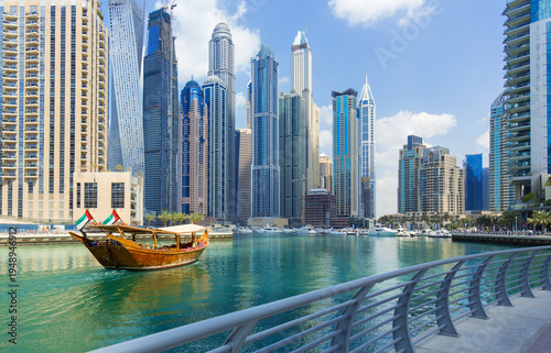 Aerial View of Dubai Marina Skyline, Luxury Waterfront Hotels and Residential Towers, UAE