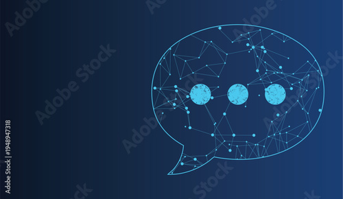 Abstract glowing digital chat bubble icon with connection network overlay design