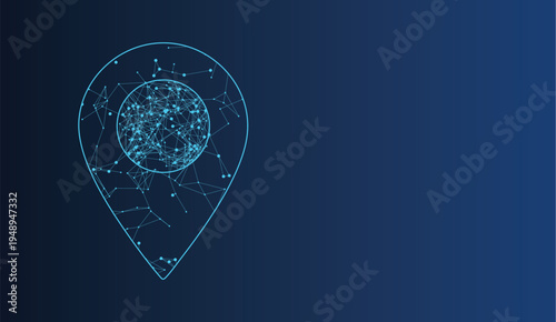 Modern digital map pin icon displaying a network of interconnected points, signifying location technology.