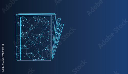Futuristic digital book with a glowing network, symbolizing data, learning, and technology.