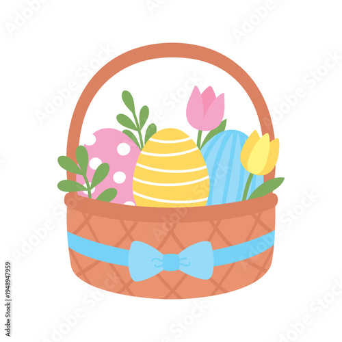 colorful easter basket with floral for easter holiday flyer, poster and greeting card