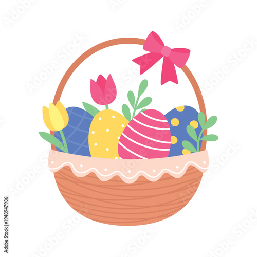 colorful easter basket with floral for easter holiday flyer, poster and greeting card