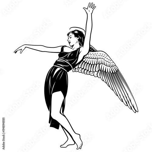 Dancing Girl Angel. Black and white vector clipart in pin up, pop art style.