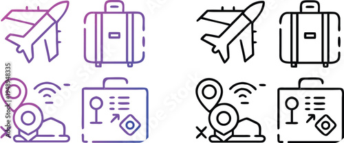 Travel Icons Set: Airplane Suitcase Map Pin and Digital Connection Symbols