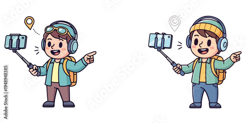 Cartoon characters in travel attire using selfie sticks and phones for vlogging