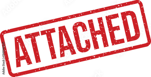 A rectangular red rubber stamp with a grunge texture displaying the word ATTACHED on a white backdrop