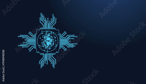 Digital circuit board illustration featuring the glowing blue Bitcoin cryptocurrency symbol design