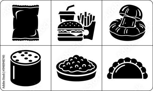 A set of black and white icons depicting various types of food and snacks in silhouette, including burgers, fries, and desserts, arranged in a grid.