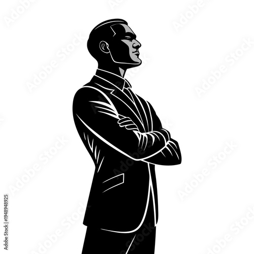 Silhouette of Confident Leader Character standing with Arms Crossed, Strong Dominant Pose, Minimalist Flat Vector