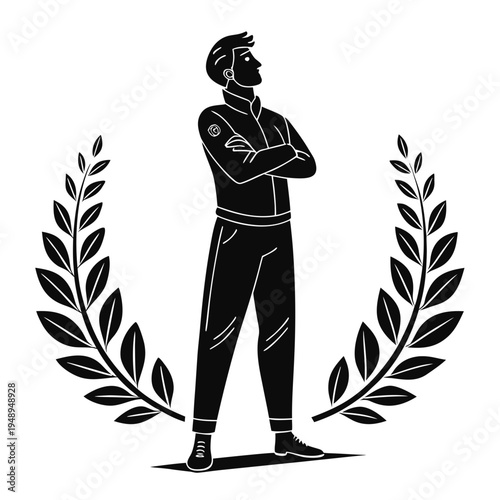 Silhouette of Confident Leader Character standing with Arms Crossed, Strong Dominant Pose, Minimalist Flat Vector