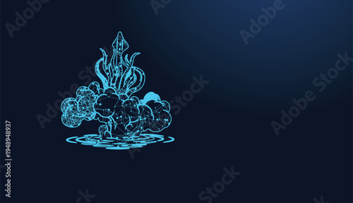 Futuristic glowing squid, formed by connected dots, rising from abstract blue liquid.
