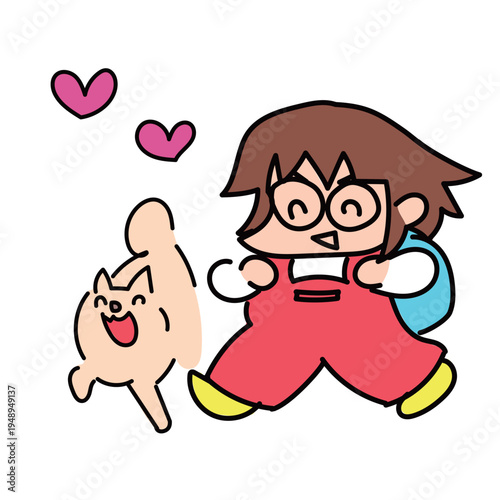 ランドセルを背負って元気に登校する小学生といぬ