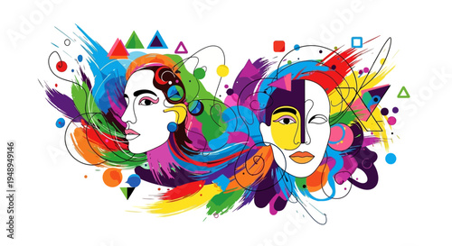 Vibrant illustration of two stylized female faces surrounded by colorful abstract shapes and lines