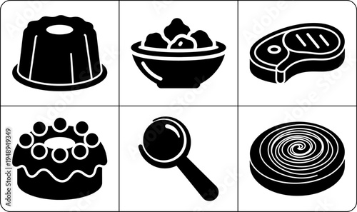 A set of six black and white food icons in silhouette, featuring various desserts and dishes, with a magnifying glass icon, against a clean white background.