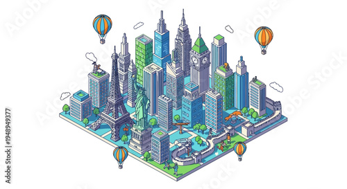 Isometric cityscape with famous landmarks and hot air balloons