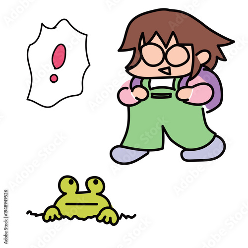 ランドセルを背負って元気に登校する小学生とかえる