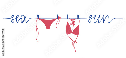 Hanging on the rope summer beach bikini. Bra and panties underwear laundry on the clothesline. Summer beach vacation. The clothesline forms the inscription Sea, Sun. Drying swimsuit