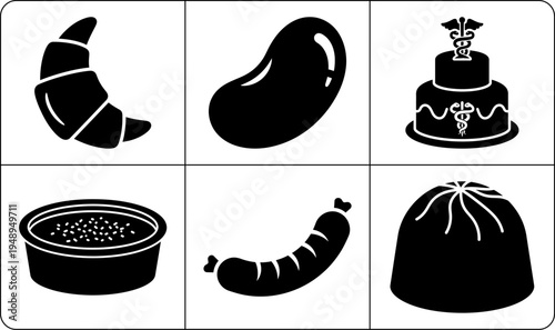 A set of six food icons in silhouette, featuring a croissant, eggplant, medical cake, bowl of beans, sausage, and lunch bag, against a white background.