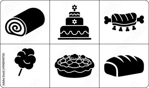 A set of six black and white icons featuring traditional Jewish foods, including a swirl pastry, cake with a Star of David, challah with bones, cotton candy, pie, and sliced bread, all in silhouette.