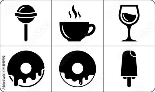 A set of black food and drink icons in silhouette mode, featuring a lollipop, coffee cup, wine glass, donut, and popsicle, against a white background.
