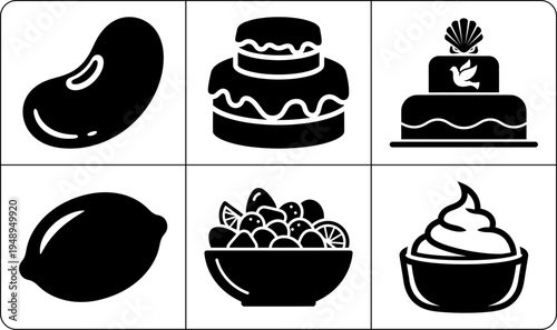 A set of six food icons in silhouette mode, featuring a pear, cake, dessert, lemon, bowl of fruit, and whipped cream, on a white background.