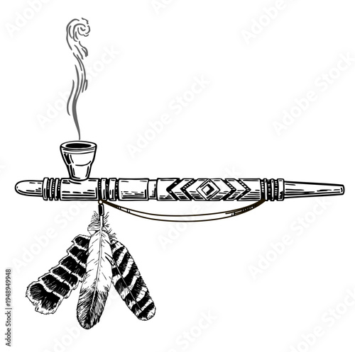Pipe of peace drawing. Ceremonial Native American pipe illustration of calumet, traditional, ceremonial and ethical american symbol. Hand drawn sketch