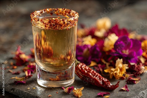 Golden spirit in a rimmed glass with spicy pepper and floral garnish