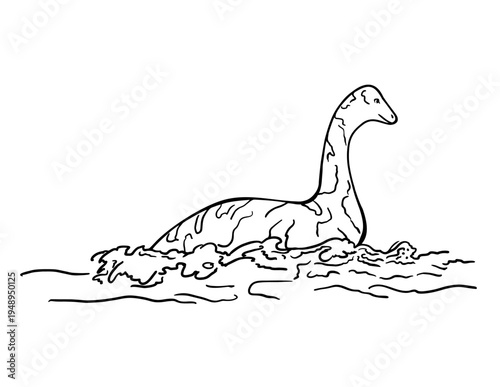 Ancient Loch Ness monster. Nessie monster animal, Scotland symbol. Ink hand drawn sketch. Scotland. Design for tourism, travel, brochure, wedding, guide, print, card, tattoo
