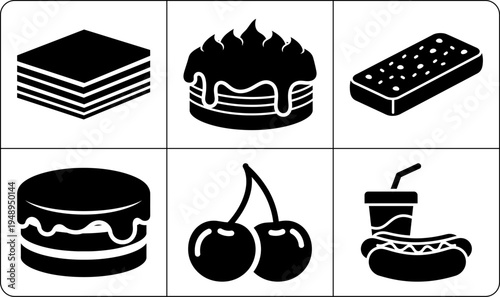 A set of black and white icons featuring various desserts in silhouette, including cakes, chocolates, cherries, and donuts, perfect for graphic design and digital art projects.
