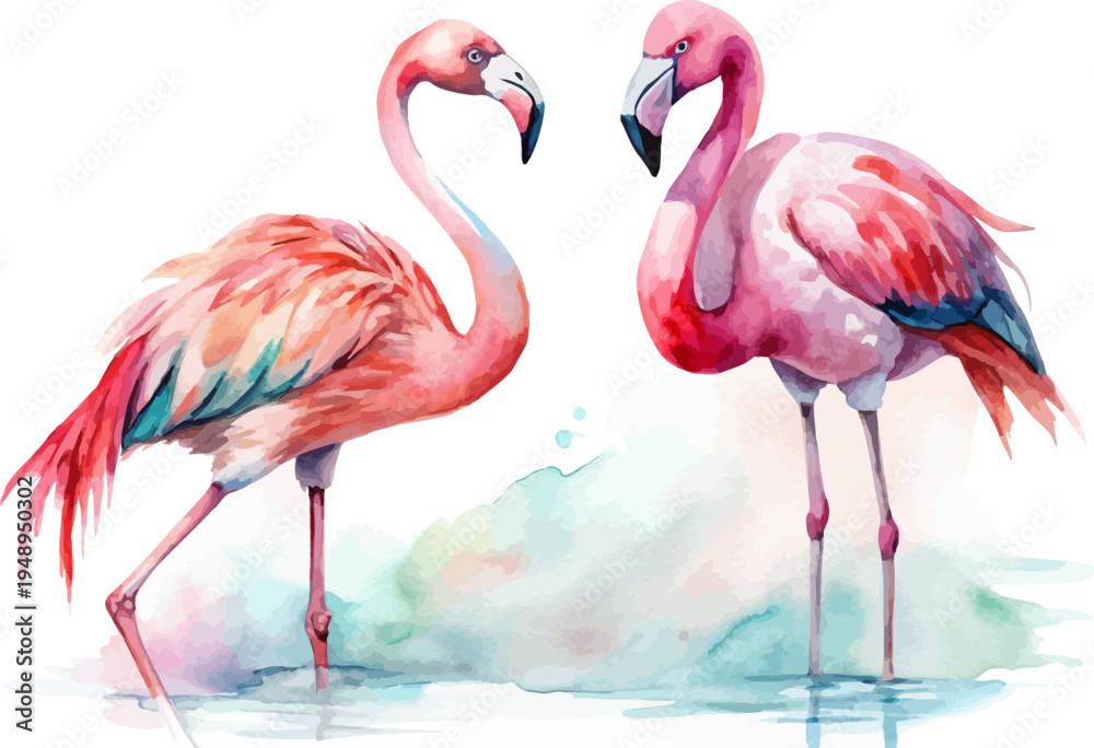 Obraz premium Pink Flamingo Watercolor Illustration, Tropical Bird Clipart Isolated on White