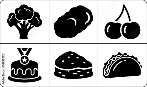 A set of six food icons in silhouette mode, featuring broccoli, cloud with moon, cherries, cake with medal, burger, and taco, against a white background.