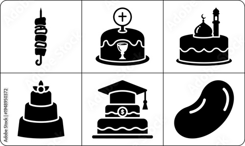 A set of six black and white icons featuring various food and celebration symbols, including cakes, a graduation cap, a bean, and a skewer, all in silhouette.