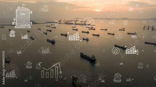 oil tankers anchored at sea with falling digital graphs. Global energy crisis, marine transport disruption, and fuel shortage concept due to war and Strait of Hormuz closure.