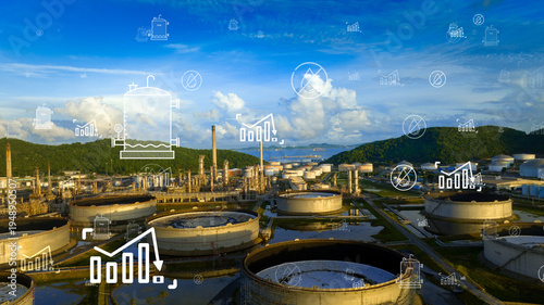Energy crisis oil refinery with falling graph, fuel shortage and petroleum industry crash concept due to war, Strait of Hormuz closure and supply chain disruption.