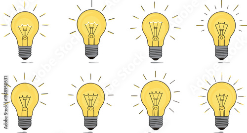 Light Bulb Icon Set with Glowing Effects and Various Filament Designs for Energy and Innovation Concepts