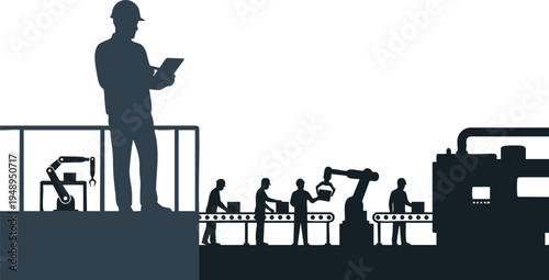 Smart Factory Automation with Workers and Robotic Arms Silhouette