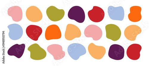 Abstract organic shapes. Irregular twisted round and oval forms. Simple playful vector background. Fluid blob figures and wavy curves. Doodle lines bright flat geometric elements, bubbles, splat icons