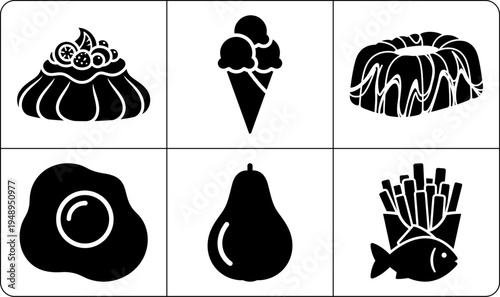 A collection of six black and white food silhouettes, including a cake, ice cream cone, donut, egg, pear, and fish with chopsticks, arranged in two rows of three.