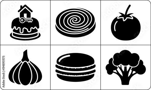 A collection of six black and white icons depicting a house with a key on top of a cake, a swirl pastry, a tomato, an onion, a burger, and a broccoli, all in silhouette mode.